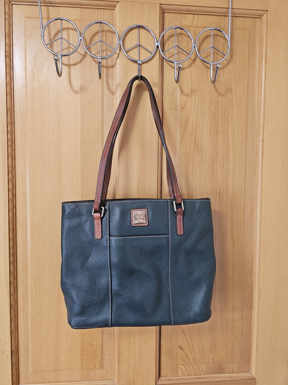 Dooney & Bourke Teal Pebble Leather Tote with Brown Straps